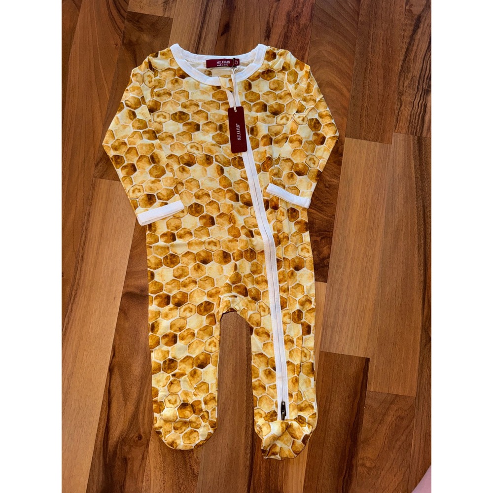 Milkbarn Zipper Footed Romper Kids 3-6M Honeycomb NEW Organic Cotton Pajamas bee